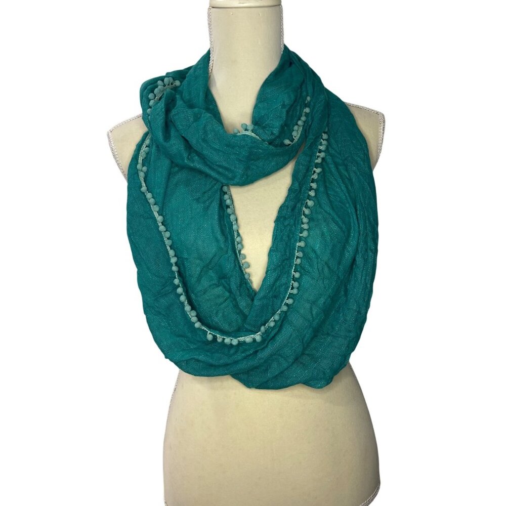 J. Crew‎ Infinity Scarf with Pompoms Lightweight 100% Viscose Teal Turquoise